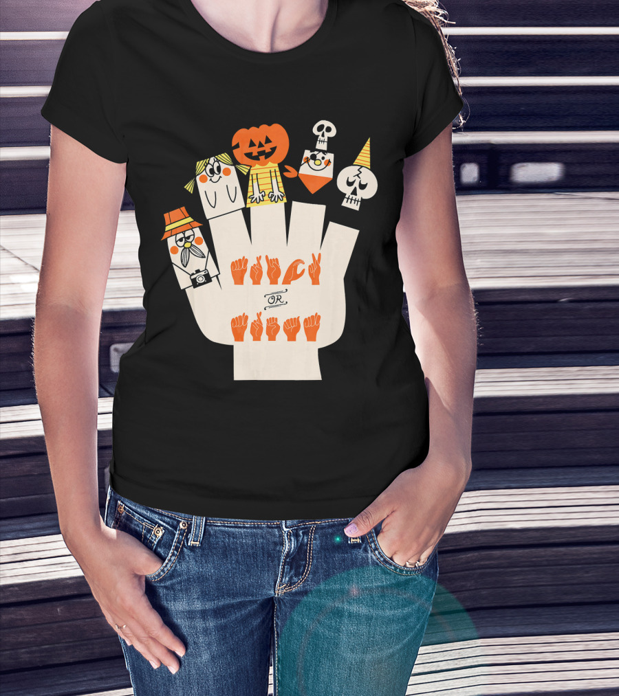 Trick Or Treat ASL Halloween Hand Signs With Pumpkin And Ghost Characters T-Shirt