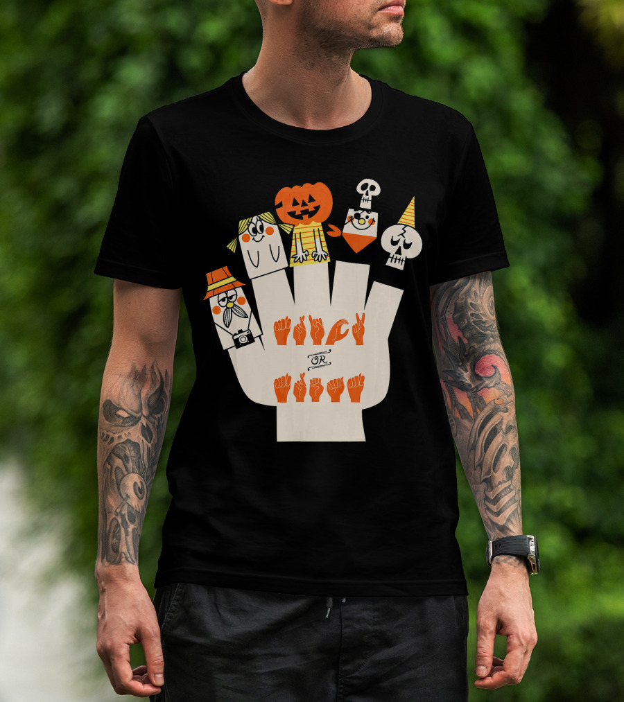 Trick Or Treat ASL Halloween Hand Signs With Pumpkin And Ghost Characters T-Shirt