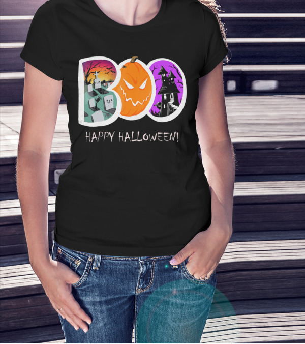 Happy Halloween Boo Trick Or Treat Pumpkin Graveyard Haunted House T-Shirt