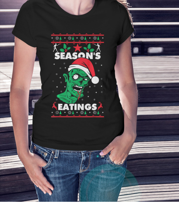 Season's Eatings Ugly Christmas Zombie Santa Hat Snowflakes T-Shirt