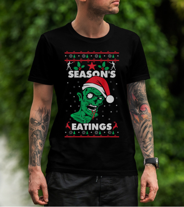 Season's Eatings Ugly Christmas Zombie Santa Hat Snowflakes T-Shirt