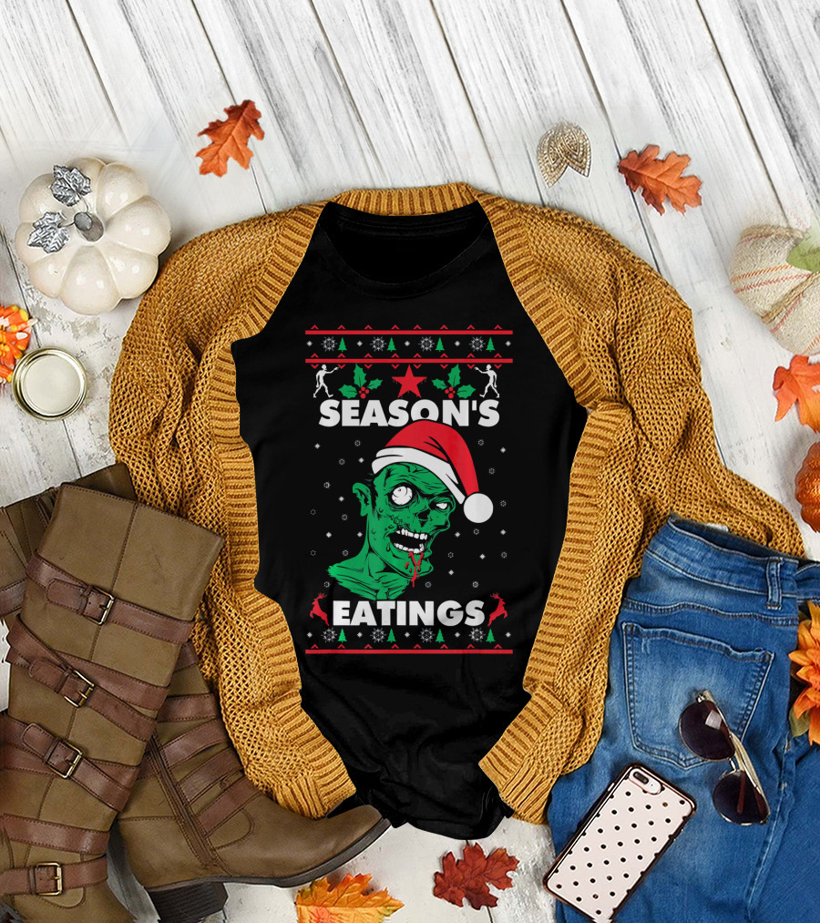 Season's Eatings Ugly Christmas Zombie Santa Hat Snowflakes T-Shirt