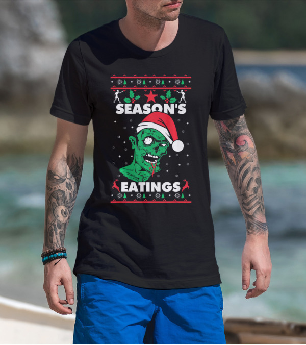 Season's Eatings Ugly Christmas Zombie Santa Hat Snowflakes T-Shirt