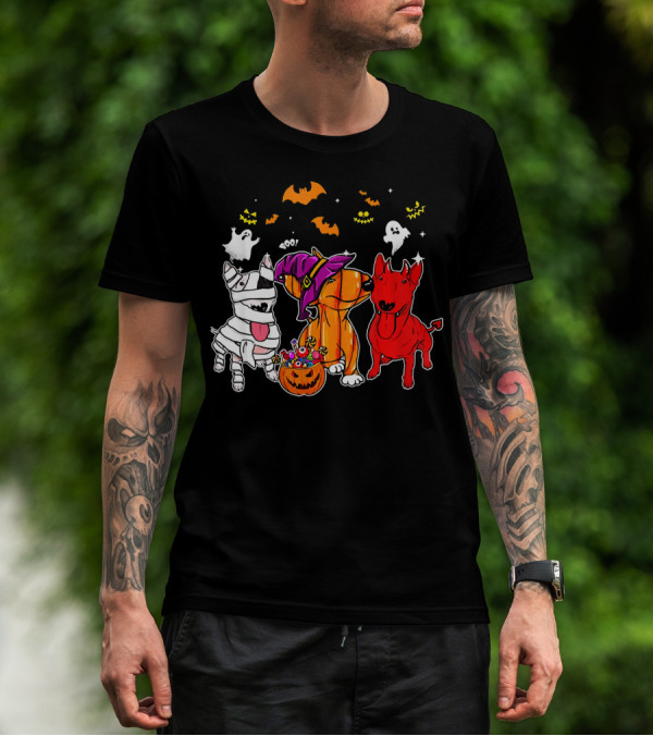 Adorable Bull Terrier Trio In Halloween Costumes With Spooky Ghosts And Bats T-Shirt