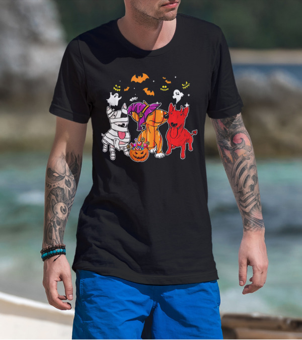 Adorable Bull Terrier Trio In Halloween Costumes With Spooky Ghosts And Bats T-Shirt