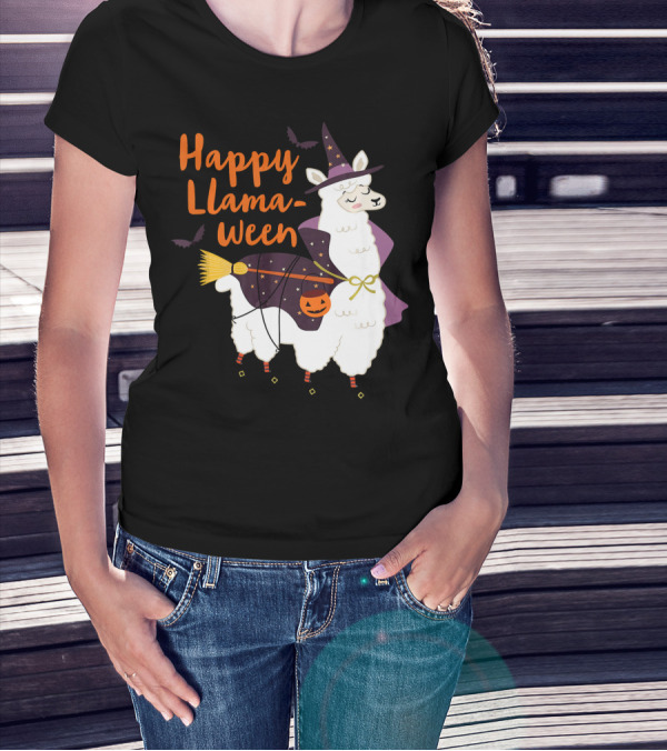 Happy Llamaween Witchy Halloween Llama With Hat And Broom T-Shirt