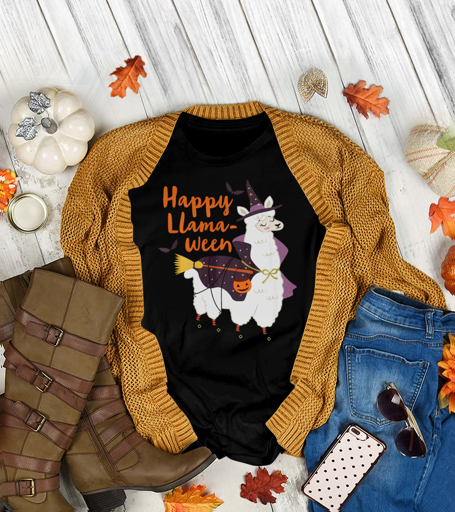 Happy Llamaween Witchy Halloween Llama with Hat and Broom T-Shirt