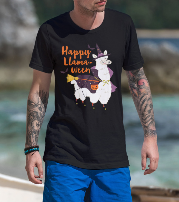 Happy Llamaween Witchy Halloween Llama With Hat And Broom T-Shirt