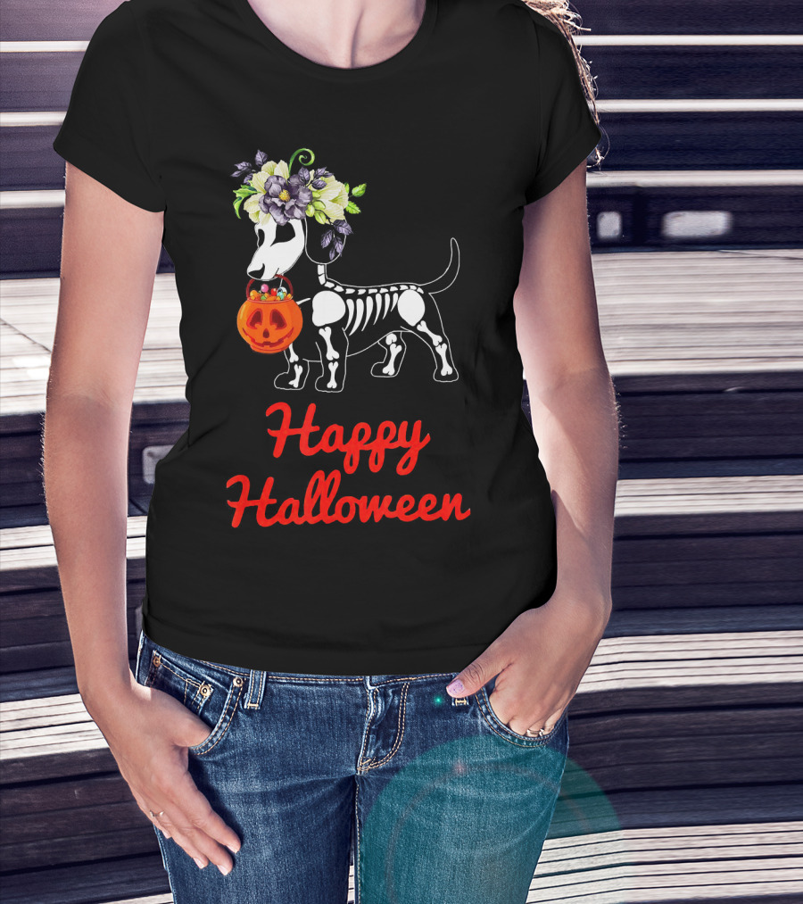 Happy Halloween Skeleton Dachshund With Pumpkin And Floral Crown T-Shirt