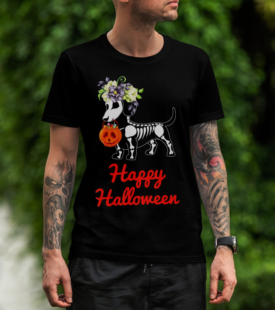 Happy Halloween Skeleton Dachshund With Pumpkin And Floral Crown T-Shirt