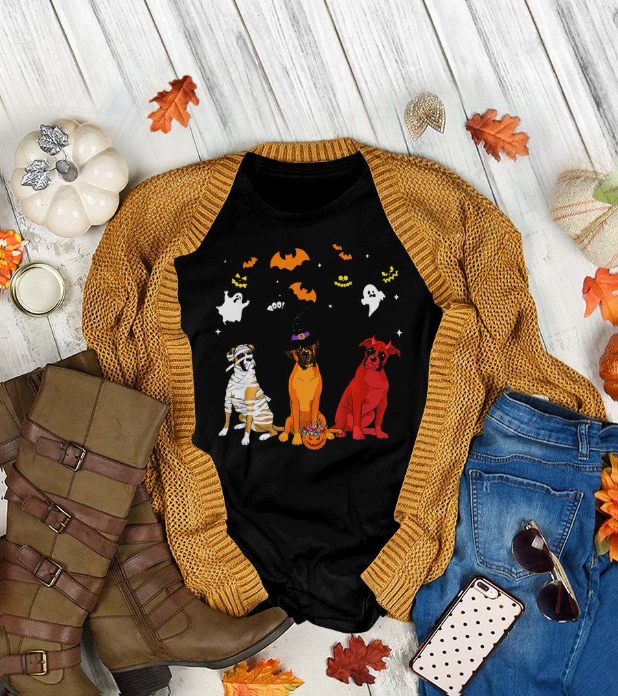 Halloween Boxer Dogs Mummy Witch Ghosts Bats T-Shirt