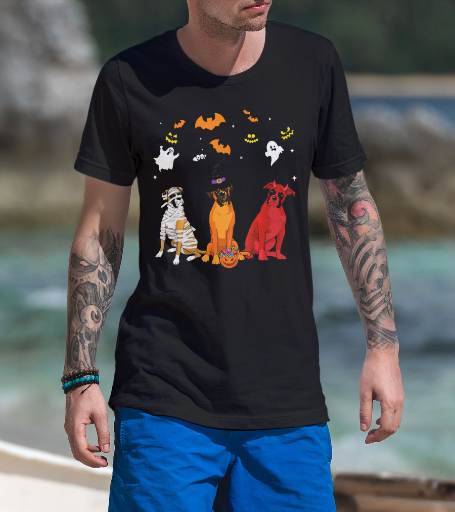 Halloween Boxer Dogs Mummy Witch Ghosts Bats T-Shirt