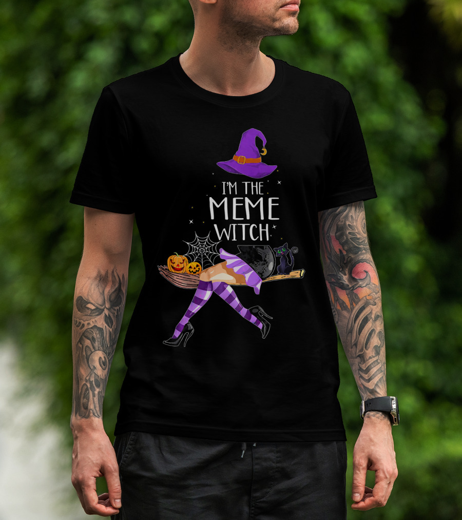 I'm The Meme Witch Halloween Cat Pumpkin Broomstick Hat T-Shirt