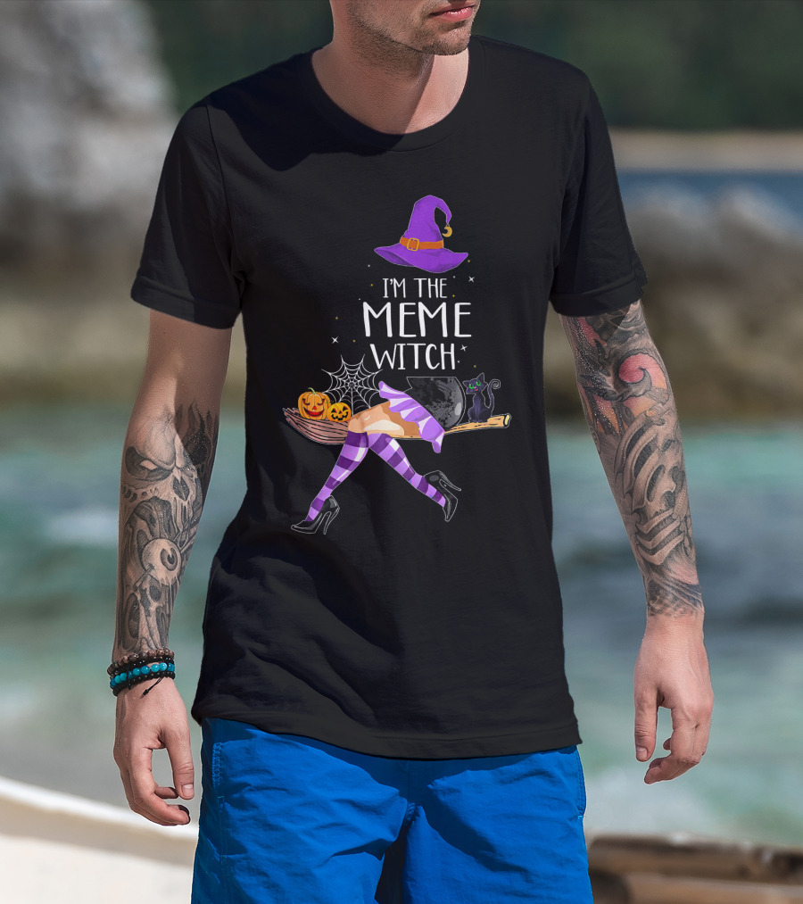 I'm The Meme Witch Halloween Cat Pumpkin Broomstick Hat T-Shirt