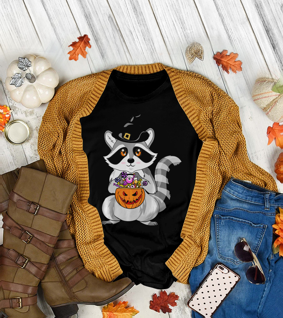 Halloween Raccoon Witch Hat Pumpkin Candy T-Shirt