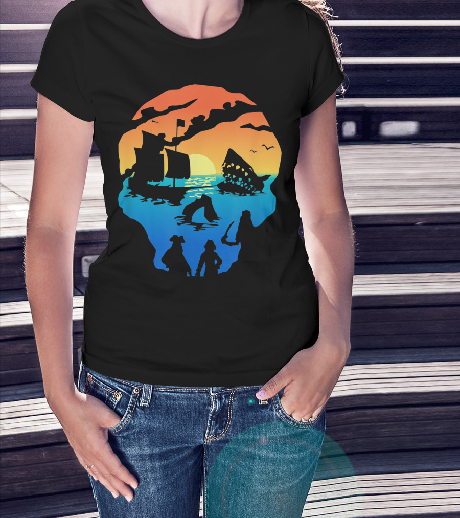 Mens Skeleton Skull Pirate Ship Sunset T-Shirt