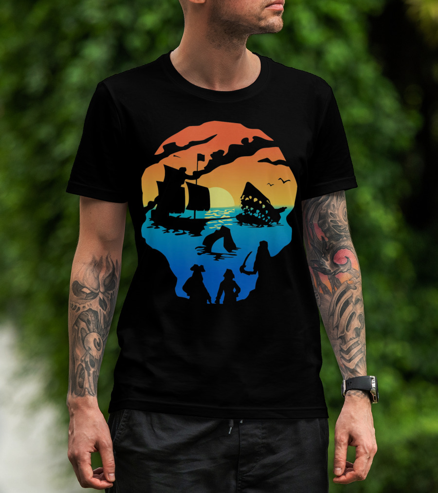 Mens Skeleton Skull Pirate Ship Sunset T-Shirt