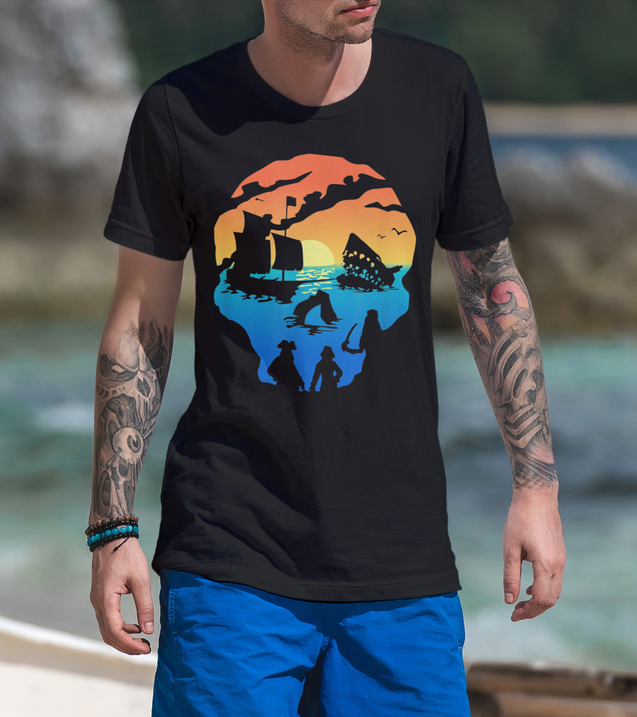 Mens Skeleton Skull Pirate Ship Sunset T-Shirt