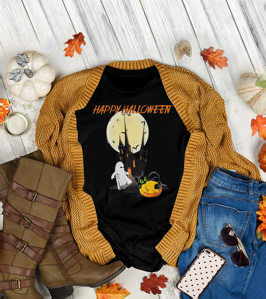 Happy Halloween Ghost Scary Cat Moon Pumpkin T-Shirt