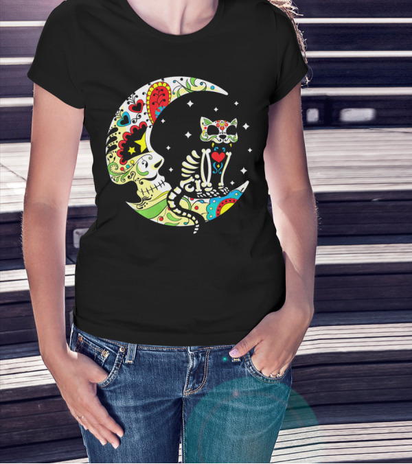 Dia De Los Muertos Halloween Sugar Skull Cat On Crescent Moon T-Shirt