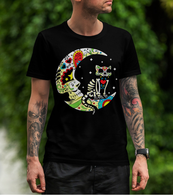 Dia De Los Muertos Halloween Sugar Skull Cat On Crescent Moon T-Shirt