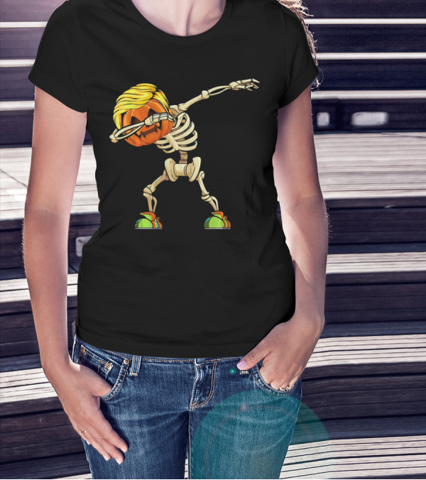Funny Halloween Dabbing Skeleton Pumpkin With Golden Hair And Colorful Sneakers T-Shirt