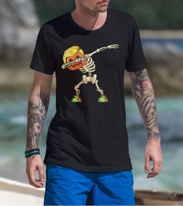 Funny Halloween Dabbing Skeleton Pumpkin With Golden Hair And Colorful Sneakers T-Shirt
