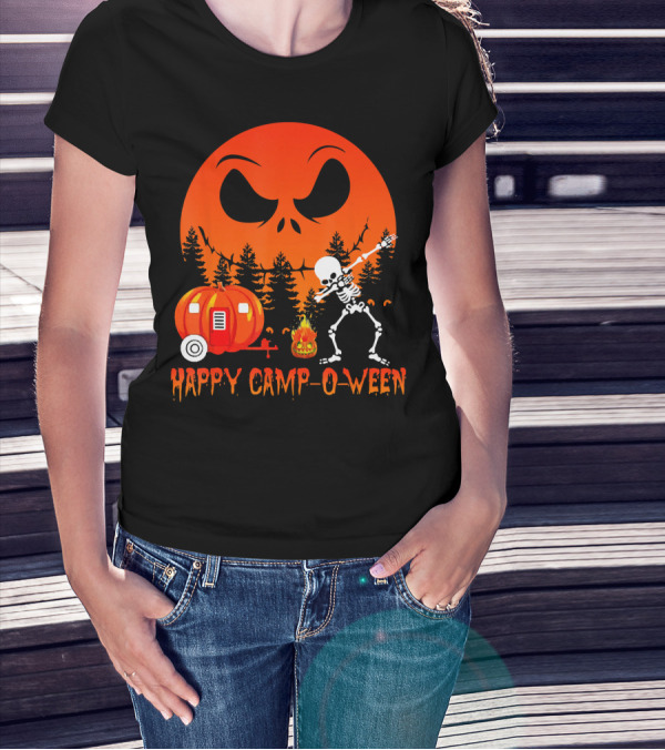 Happy Camp-O-Ween Skeleton Dab Pumpkin Camper Spooky Forest Scene T-Shirt