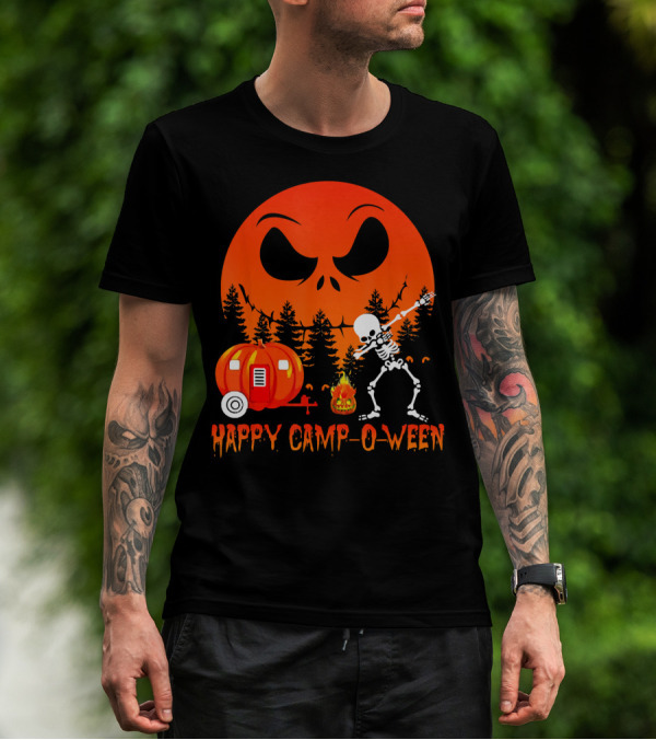 Happy Camp-O-Ween Skeleton Dab Pumpkin Camper Spooky Forest Scene T-Shirt