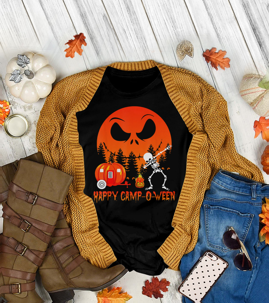 Happy Camp-O-Ween Skeleton Dab Pumpkin Camper Spooky Forest Scene T-Shirt