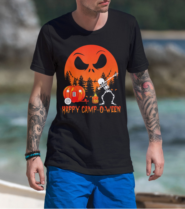 Happy Camp-O-Ween Skeleton Dab Pumpkin Camper Spooky Forest Scene T-Shirt