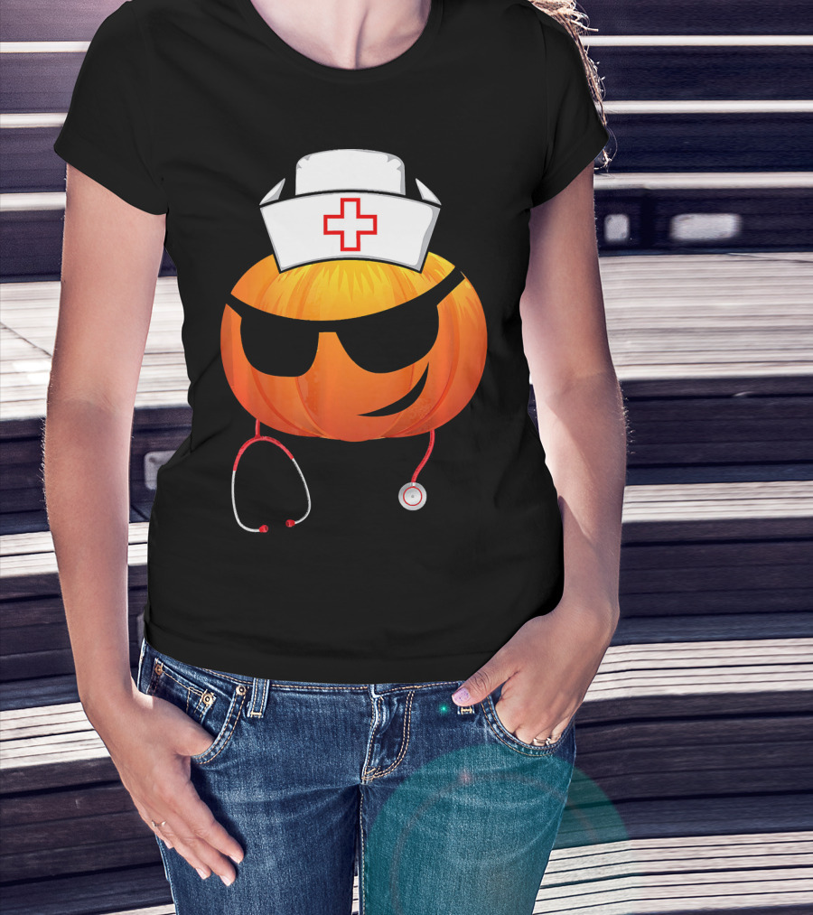 Smiling Pumpkin Nurse Emoji With Stethoscope Halloween T-Shirt