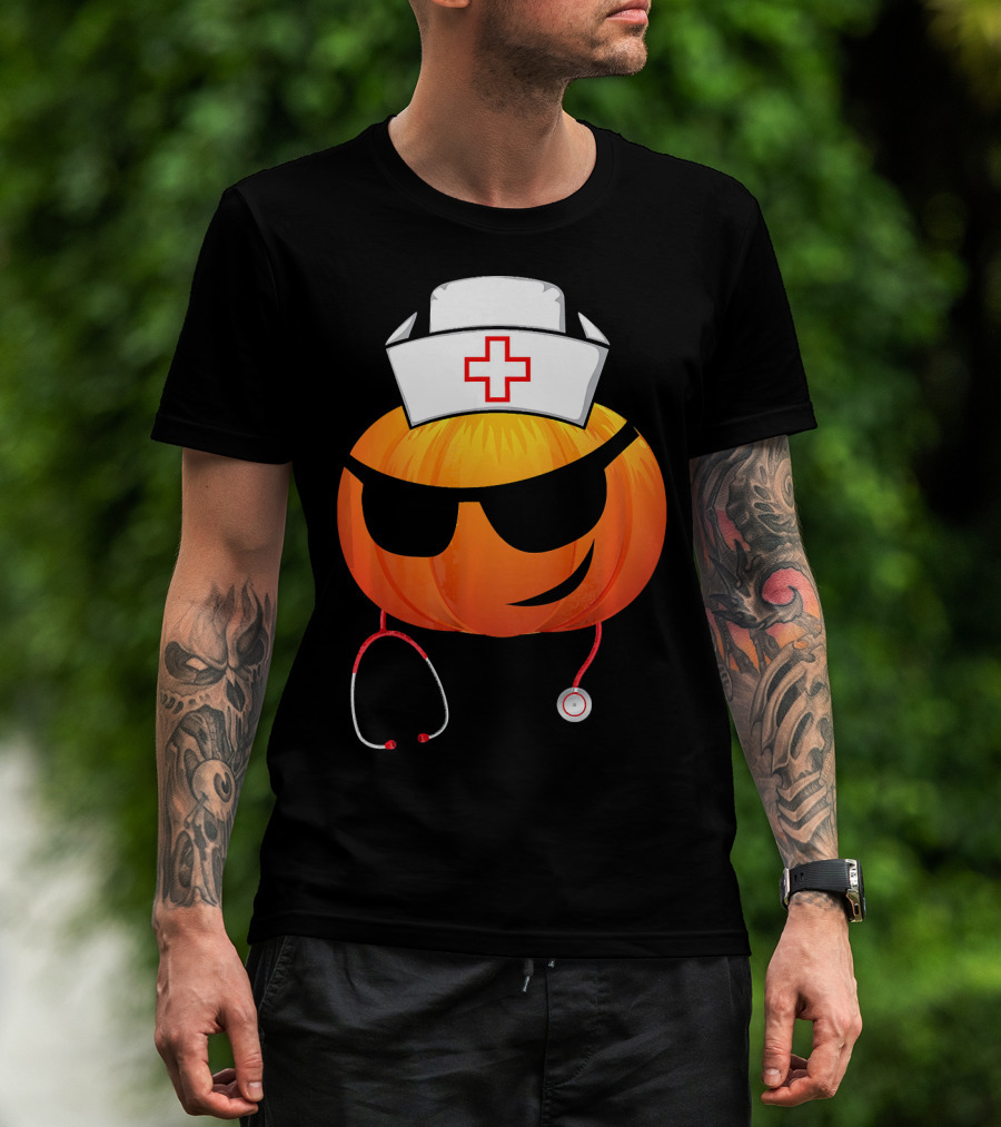 Smiling Pumpkin Nurse Emoji With Stethoscope Halloween T-Shirt