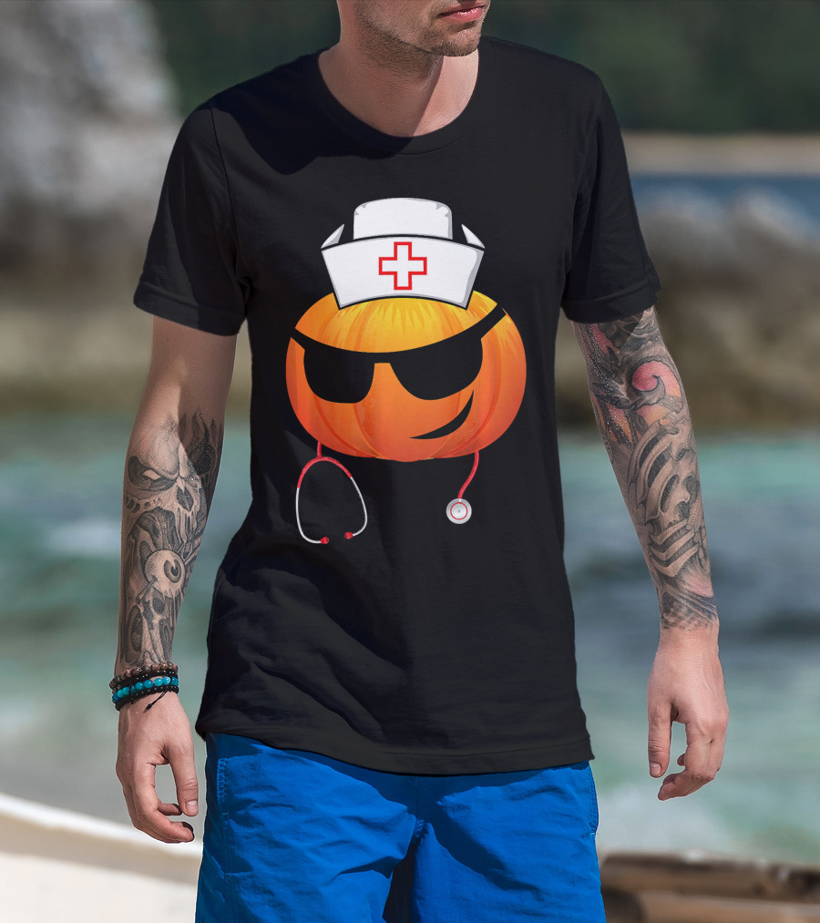 Smiling Pumpkin Nurse Emoji With Stethoscope Halloween T-Shirt