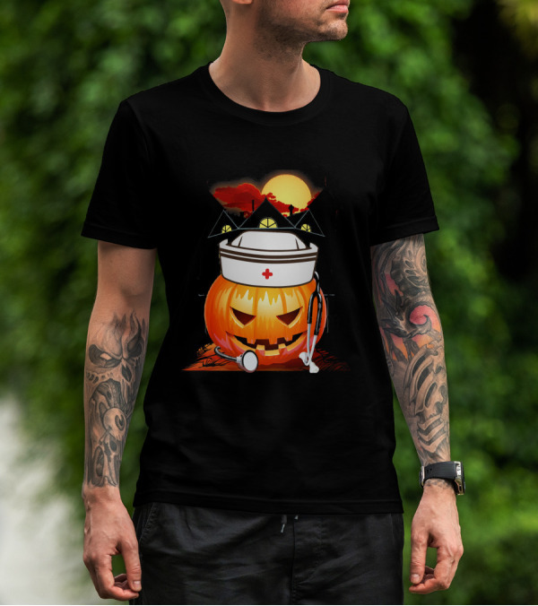 Nurse Pumpkin Halloween With Stethoscope And Haunted House T-Shirt