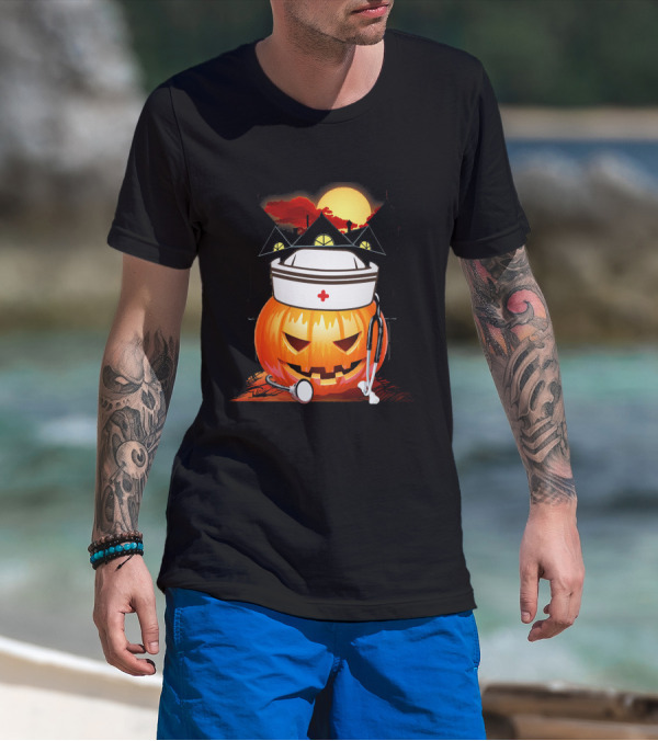 Nurse Pumpkin Halloween With Stethoscope And Haunted House T-Shirt