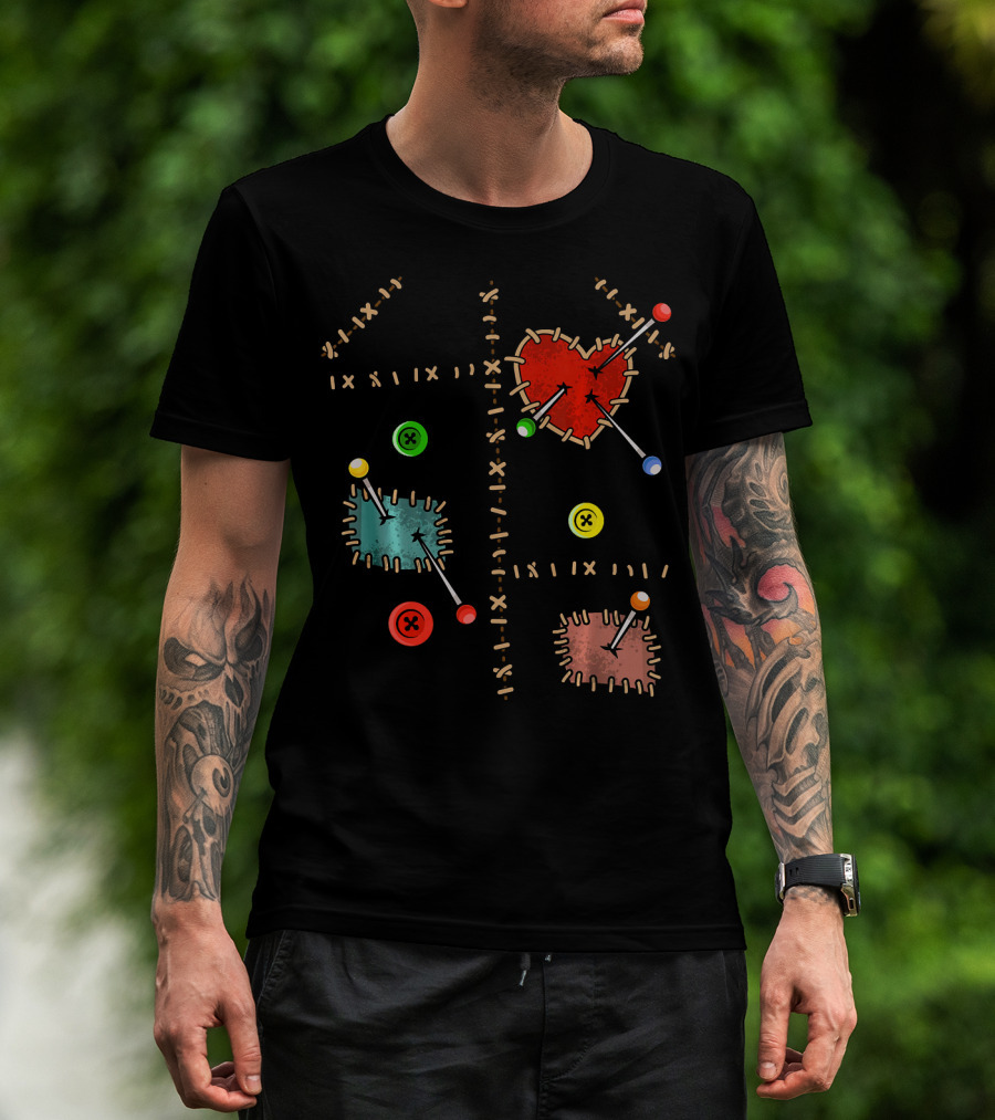 Voodoo Doll Halloween Costume With Heart And Button Patches T-Shirt