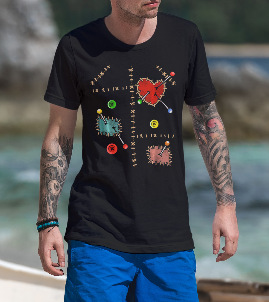 Voodoo Doll Halloween Costume With Heart And Button Patches T-Shirt