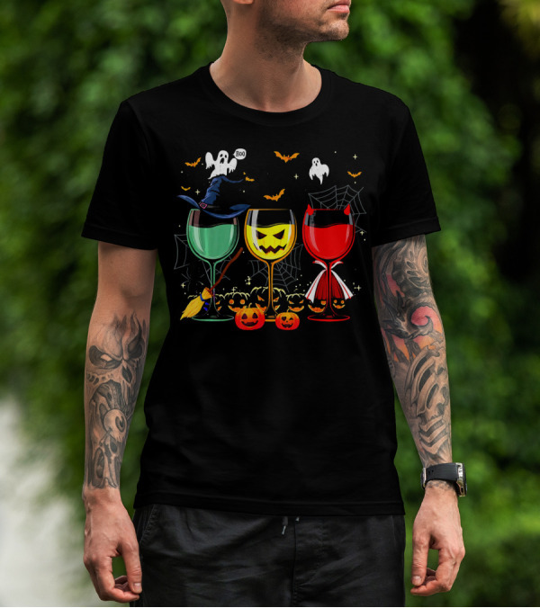 Halloween Witches Pumpkin Ghost Devil Wine Glasses T-Shirt