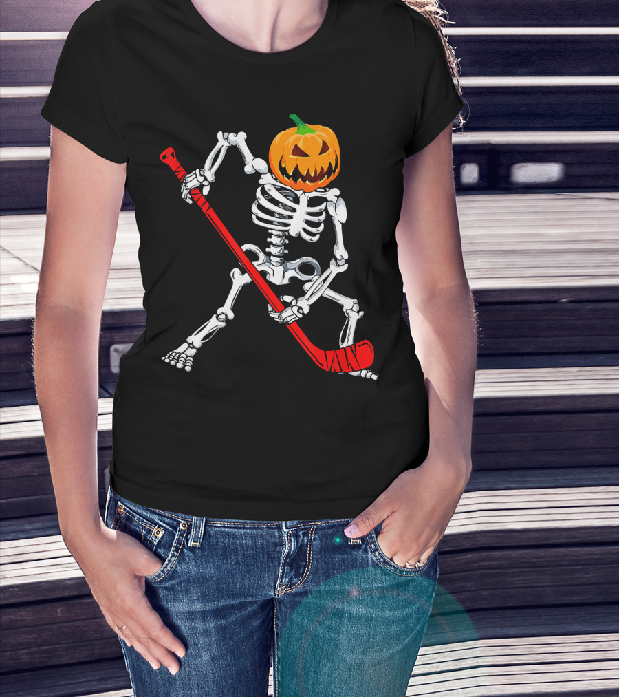 Halloween Skeleton With Pumpkin Head Playing Hockey T-Shirt