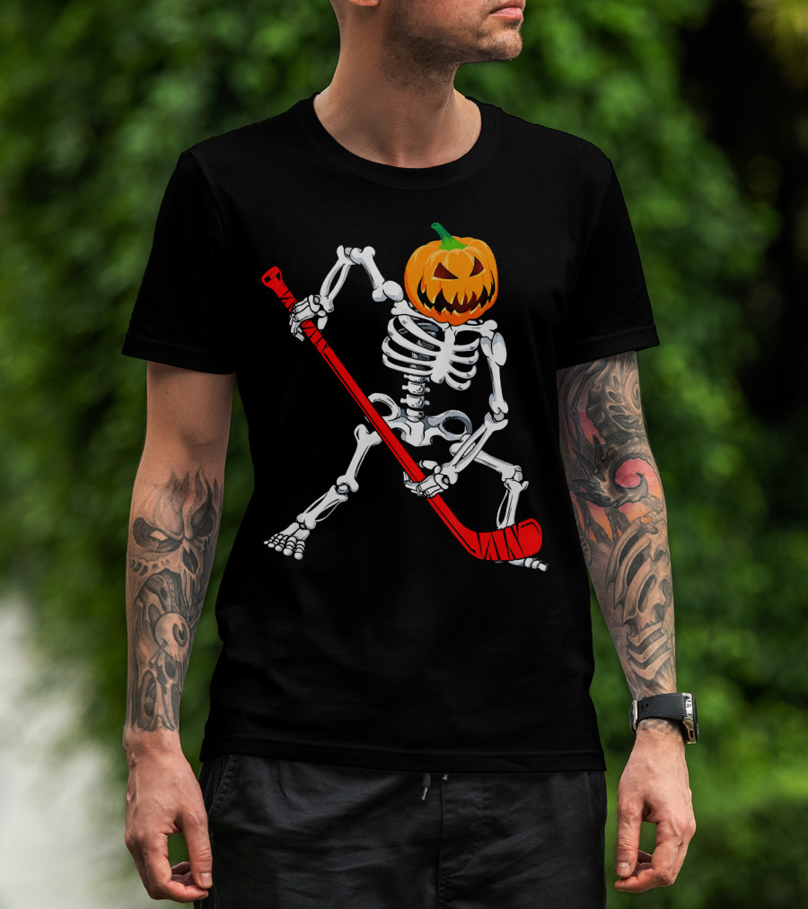 Halloween Skeleton With Pumpkin Head Playing Hockey T-Shirt
