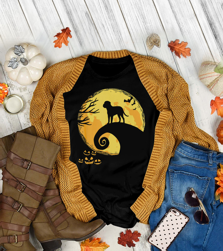 Bullmastiff Silhouette Moonlit Halloween Scene with Pumpkins and Bats T-Shirt