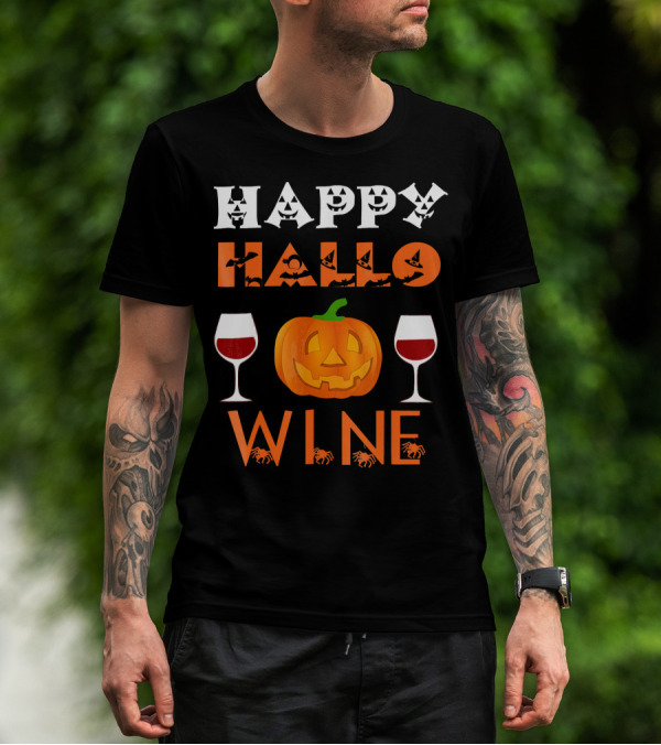 Happy Halloween Pumpkin Wine Glasses Spooky Bats And Spiders T-Shirt