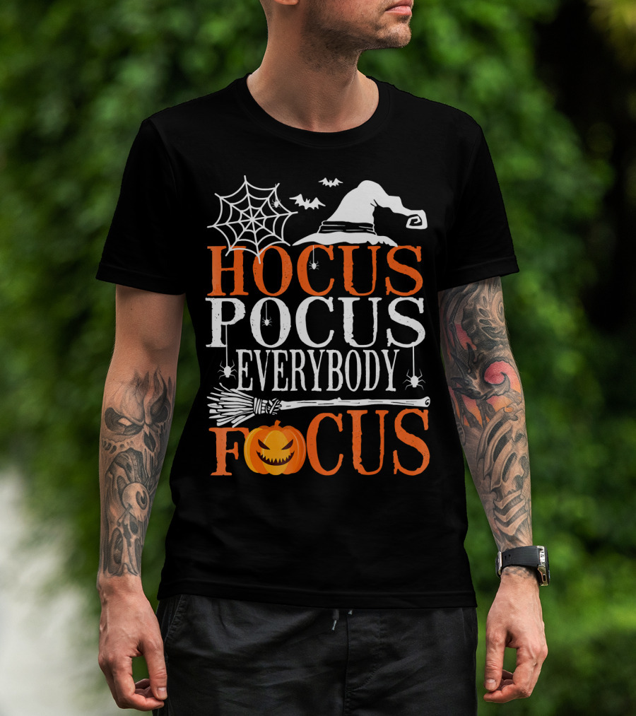 Hocus Pocus Everybody Focus Witch Hat Spider Web Broom Pumpkin T-Shirt