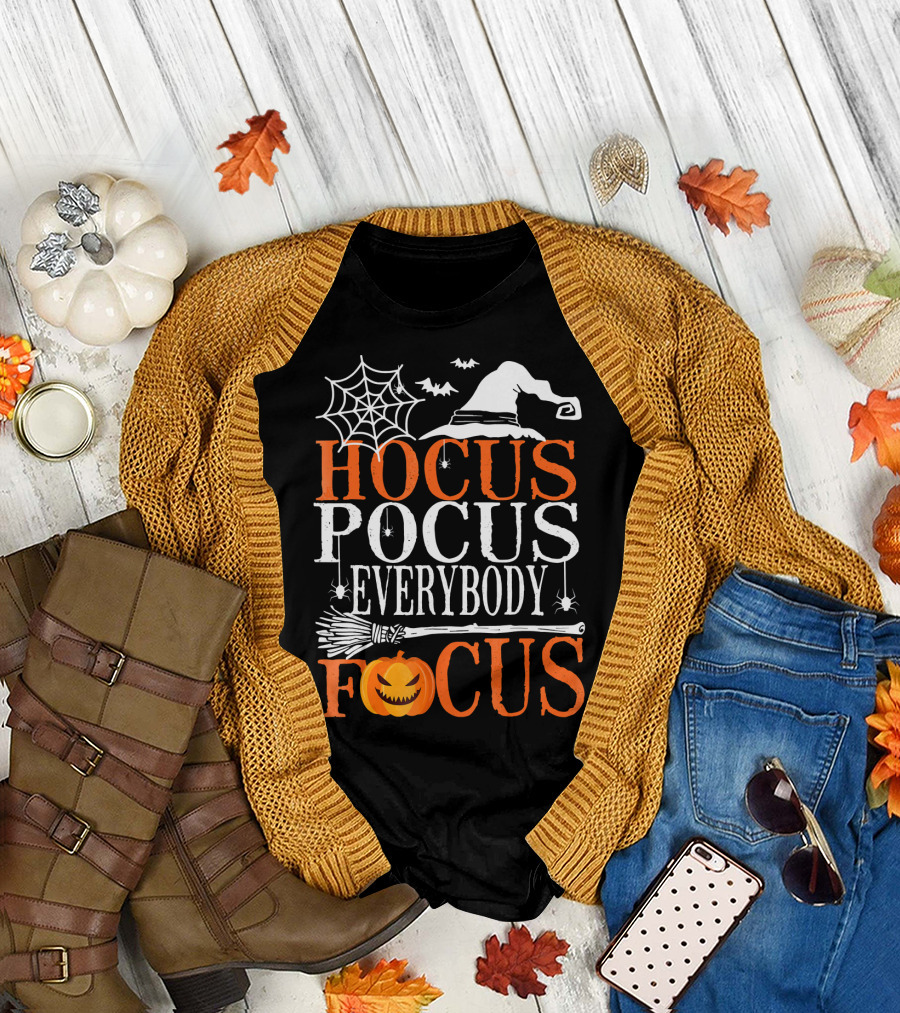 Hocus Pocus Everybody Focus Witch Hat Spider Web Broom Pumpkin T-Shirt