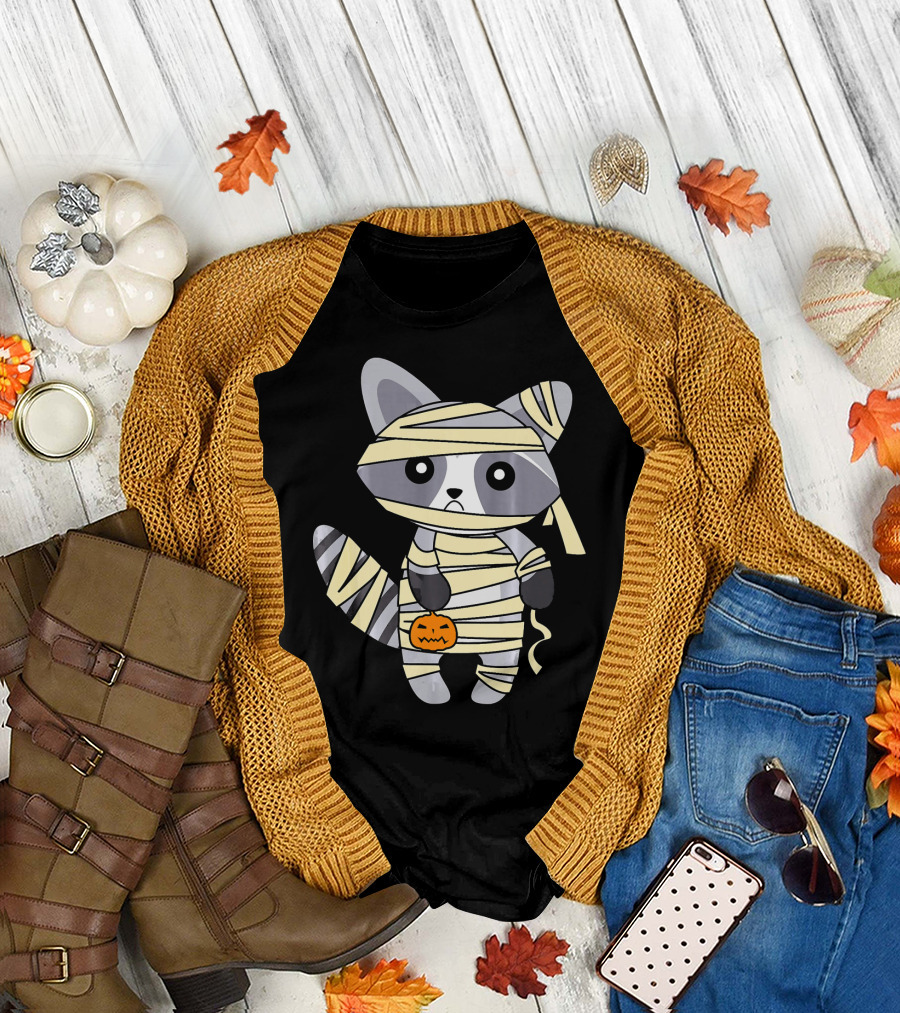 Mummy Raccoon Halloween with Jack-O'-Lantern T-Shirt