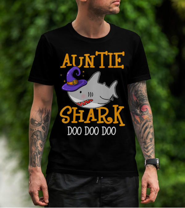 Auntie Shark Doo Doo Doo Funny Halloween With Witch Hat T-Shirt