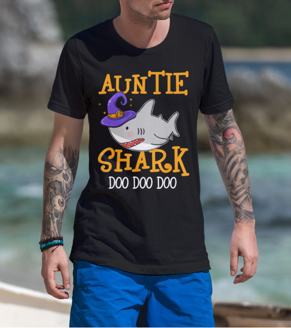 Auntie Shark Doo Doo Doo Funny Halloween With Witch Hat T-Shirt