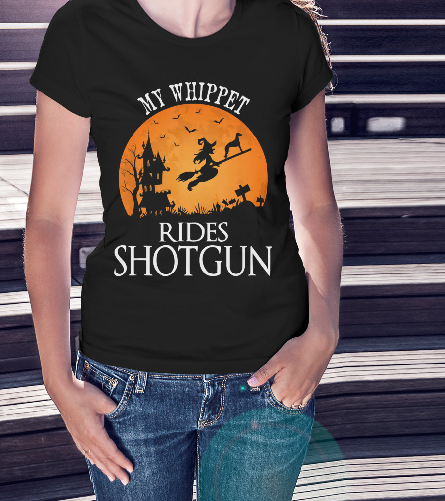 My Whippet Rides Shotgun Witch Broomstick Halloween Scene T-Shirt