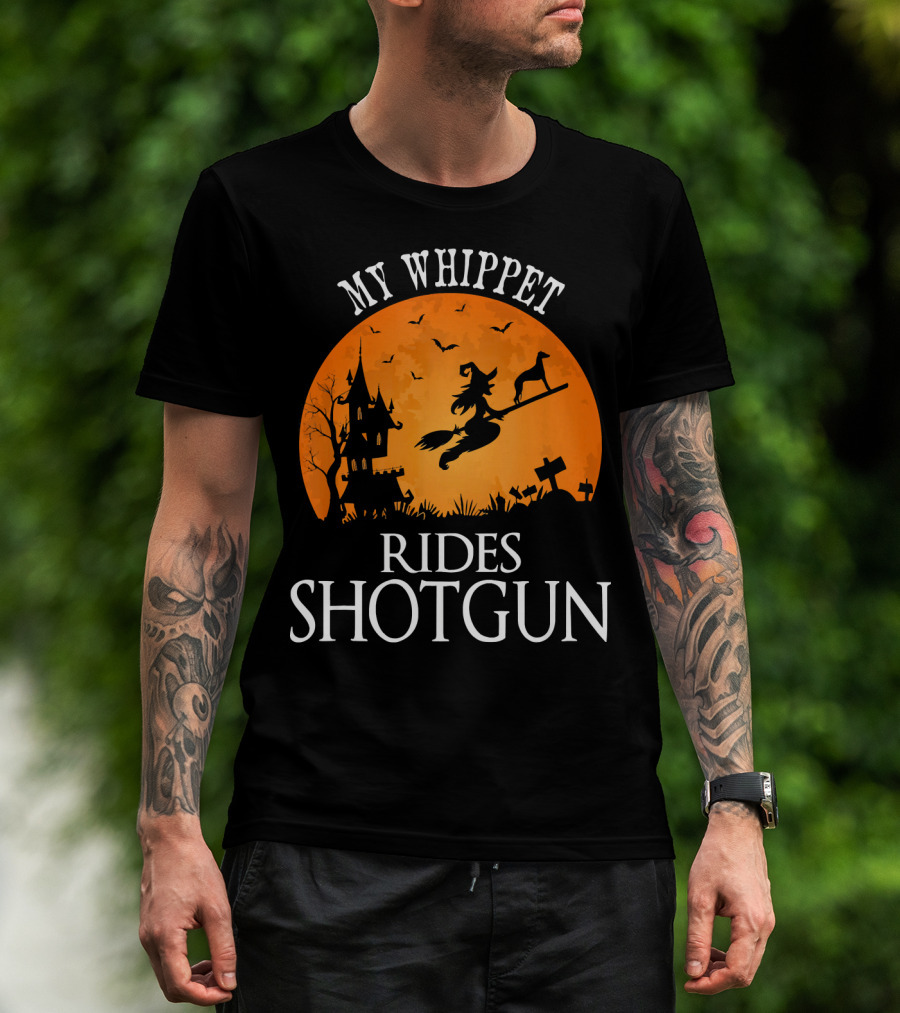 My Whippet Rides Shotgun Witch Broomstick Halloween Scene T-Shirt